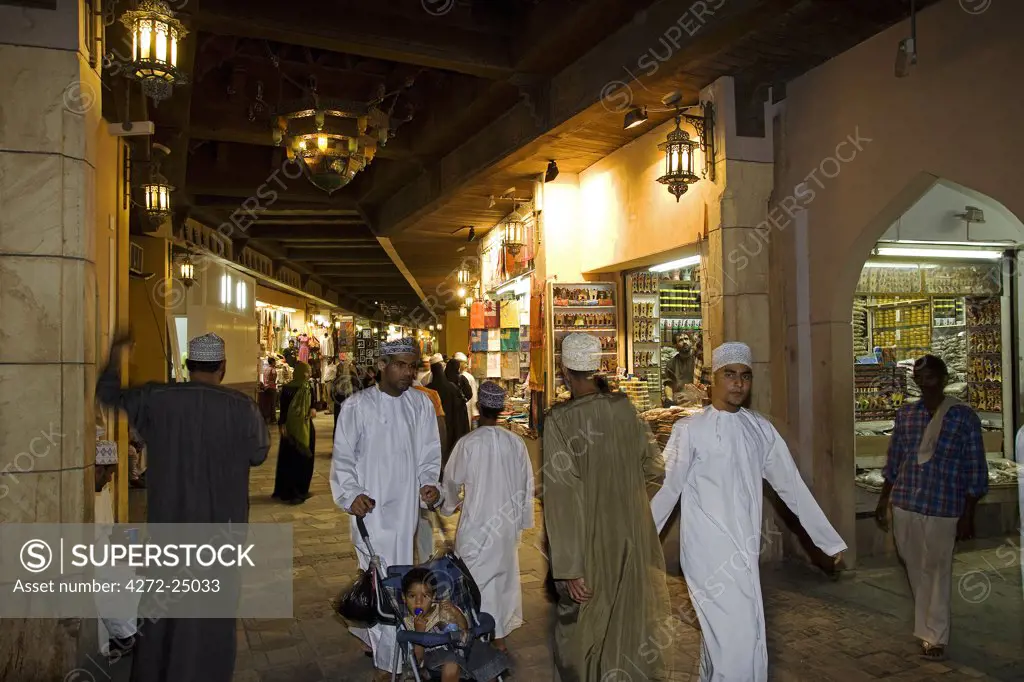 Oman, Muscat. The Mutrah Souq area of the country's capital. A traditional bazar, the souq is a warren of alleyways and lined by traditional stalls and a must for visitors to Muscat and locals alike.  The market comes alive in the evening as the heat of the day dissipates.