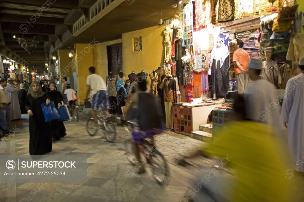 Oman, Muscat. The Mutrah Souq area of the country's capital. A traditional bazar, the souq is a warren of alleyways and lined by traditional stalls and a must for visitors to Muscat and locals alike.  The market comes alive in the evening as the heat of the day dissipates.