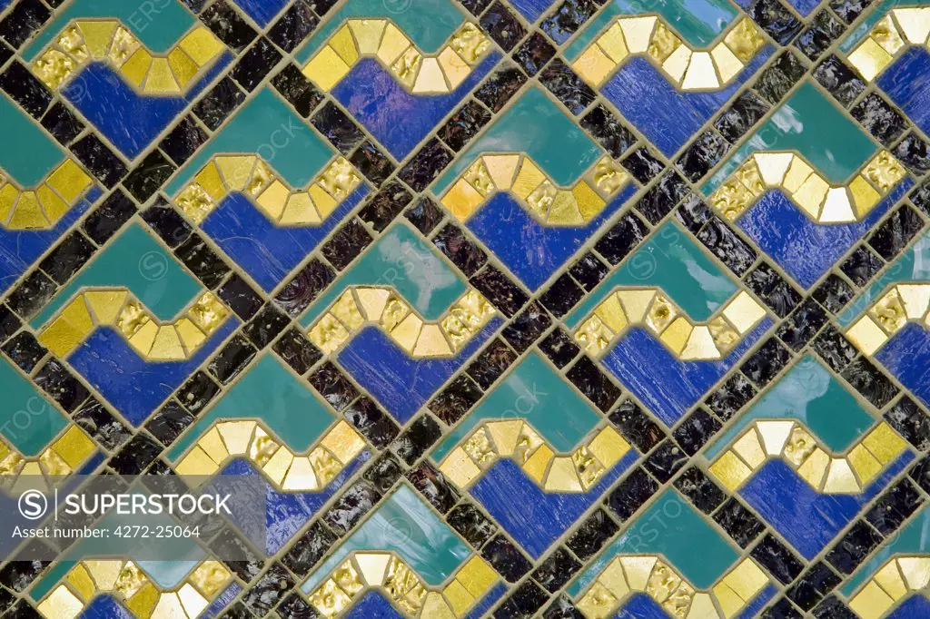Oman, Muscat, Ghala, Al Ghubrah (Grand Mosque) Mosque. Detail of the tile work within the mosque. A magnificent example of modern islamic architecture, it was built for the nation by Sultan Qaboos to mark the 30th year of his reign and is open, at certain times, to non-Muslims.