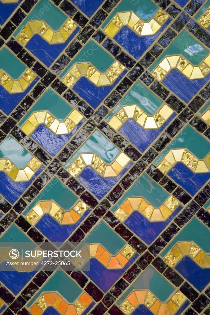 Oman, Muscat, Ghala, Al Ghubrah (Grand Mosque) Mosque. Detail of the tile work within the mosque. A magnificent example of modern islamic architecture, it was built for the nation by Sultan Qaboos to mark the 30th year of his reign and is open, at certain times, to non-Muslims.