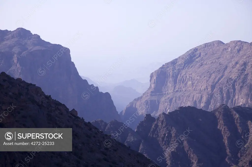 Oman, Al Jabal Al Akhdar. Evening light on mountain peaks.