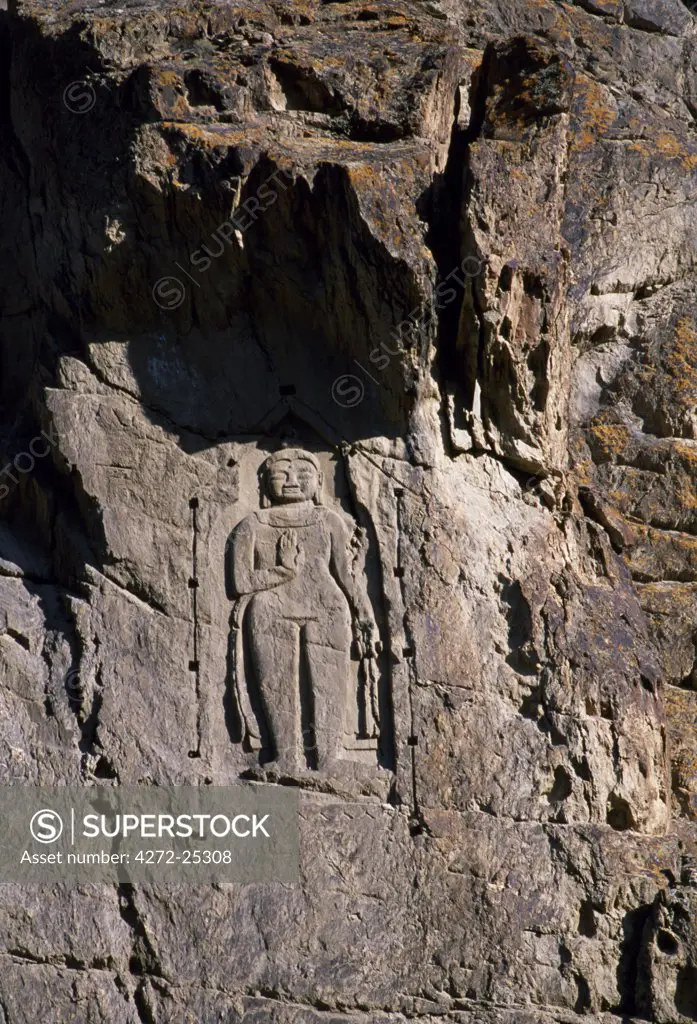 The Kargah Buddha, circa 7th or 8th century. Ten kilometres from Gilgit at Kargah, a massive figure of the Buddha has been carved onto the cliff face. He has presided over the area since the 7th or 8th century, standing with his right hand in abhayamudra, the gesture of dispelling fear.