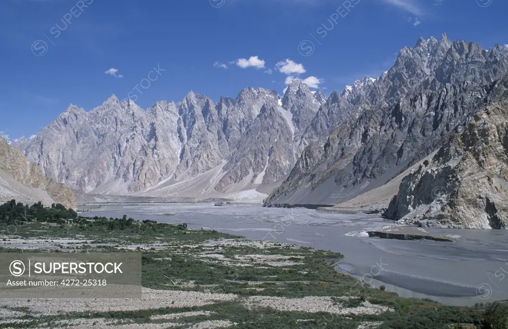 Cathedral spire mountains and Hunza River, Passu in northern Pakistan