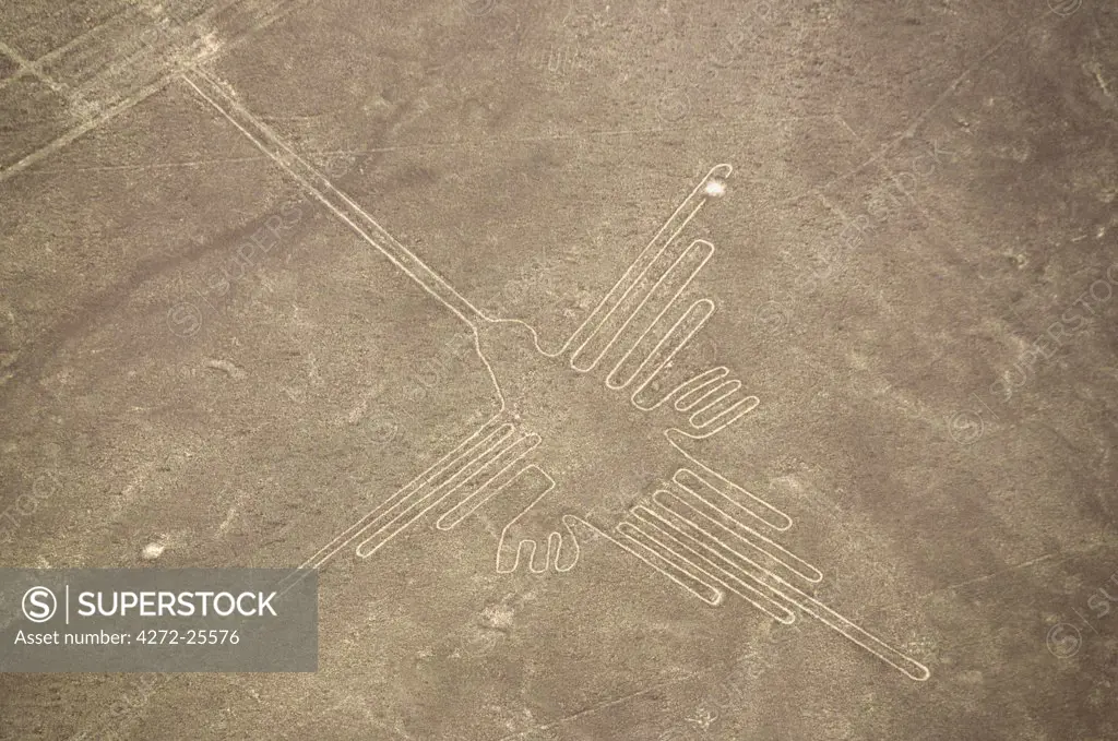 The 165 foot long Hummingbird, etched into the Pampa Colorada - one of the many of the figures of the mystical Nazca Lines.