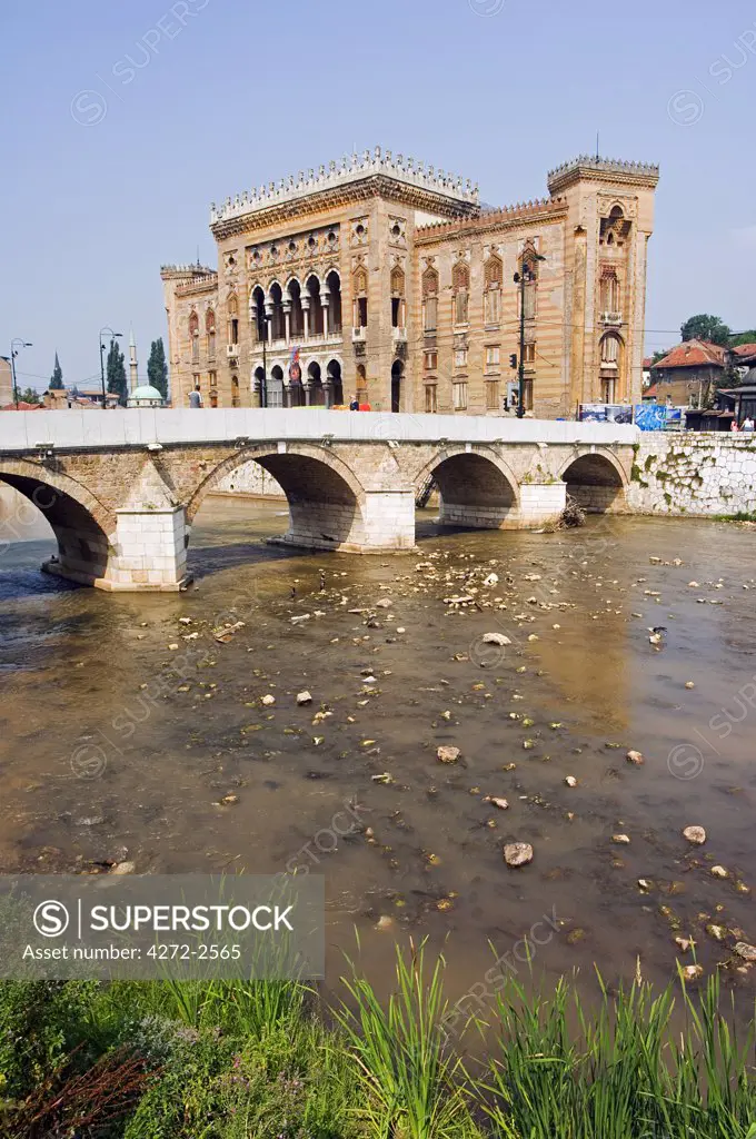 Sarajevo Old Town Hall - The National and University Library Austro Hungarian Building with Moorish touches Miljacka River
