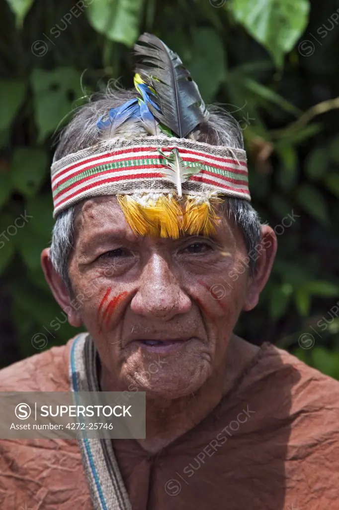 Peru. An old Matsigenka Indian man. The small Matsigenka Indian tribe inhabit the upper Amazon.