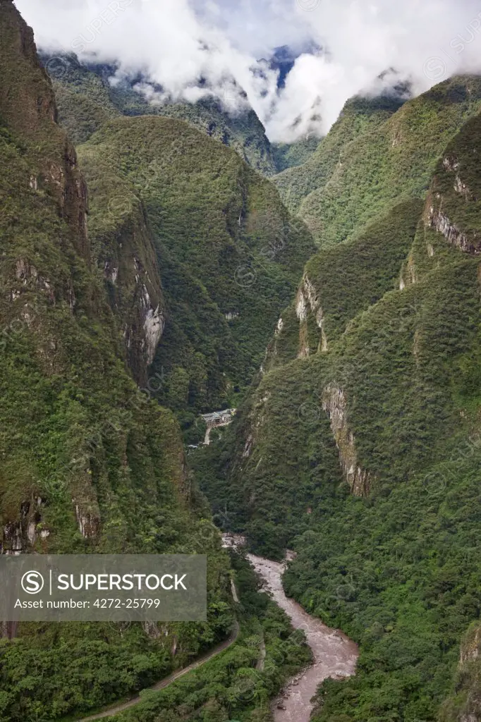 Peru, The small town of Aguas Calientes nestles in a deep valley beside the Urubamba River, a short distance from Machu Picchu.