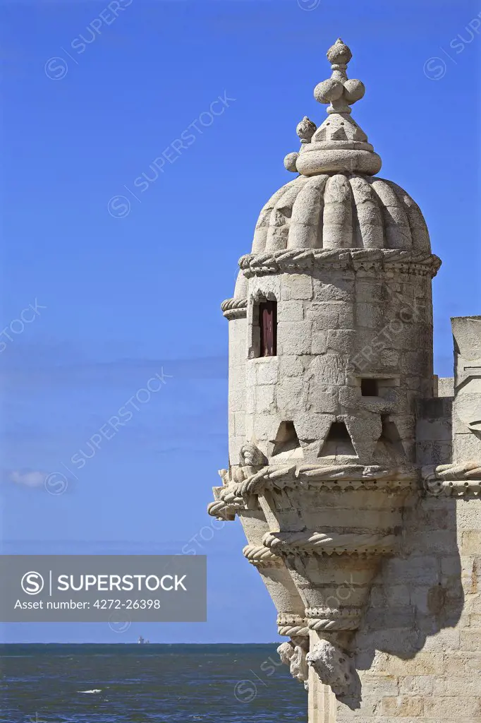 Portugal, Lisboa, Lisbon, Belem, Cruz Quebrada, Pedroucos, detail of one of the turrets of the Tower of Belem