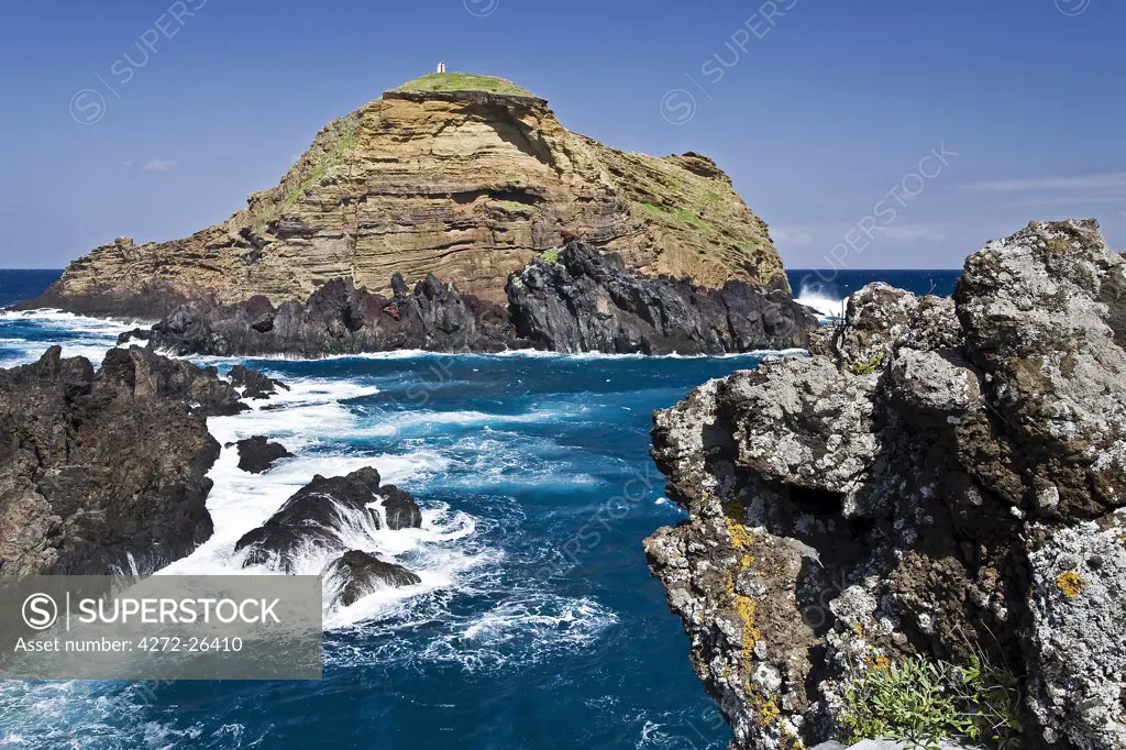 Portugal, Ilha da Medeira, Funcahl, Lanceiros. The dramatic rocky shore line of Lanceiros.