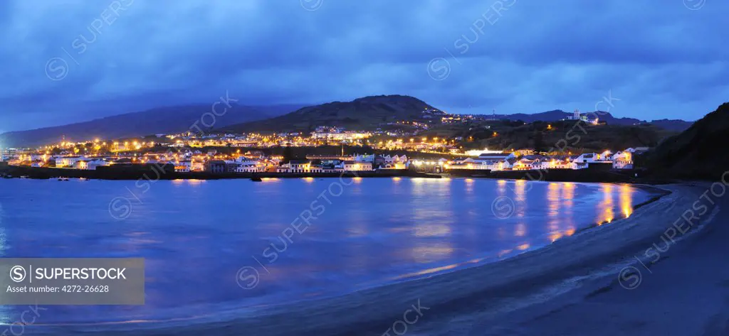 The city of Horta and the Porto Pim district at night. Faial, Azores islands, Portugal