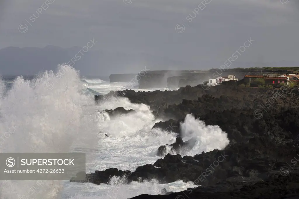 Lava rocks on a stormy day at Lagido, a UNESCO World Heritage Site. Pico, Azores islands, Portugal