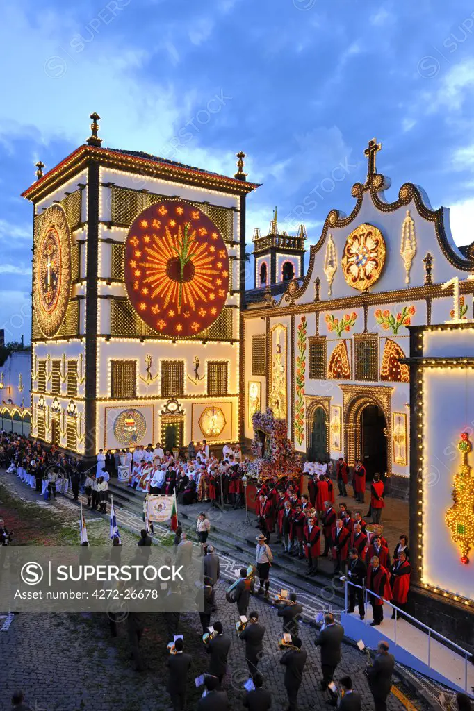 The main church and the procession of the Holy Christ festivities at Ponta Delgada in twilight. Sao Miguel, Azores islands, Portugal