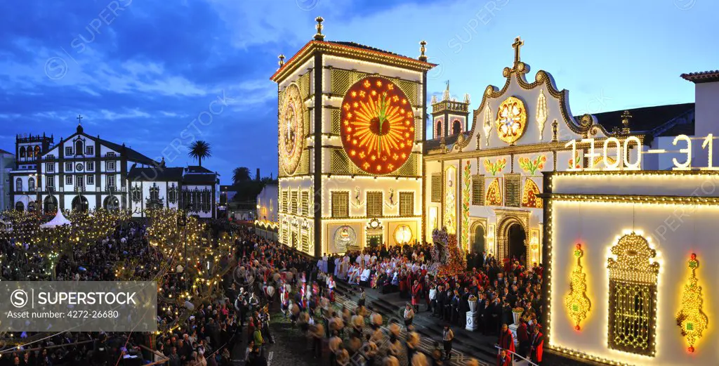 The main church and the procession of the Holy Christ festivities at Ponta Delgada in twilight. Sao Miguel, Azores islands, Portugal