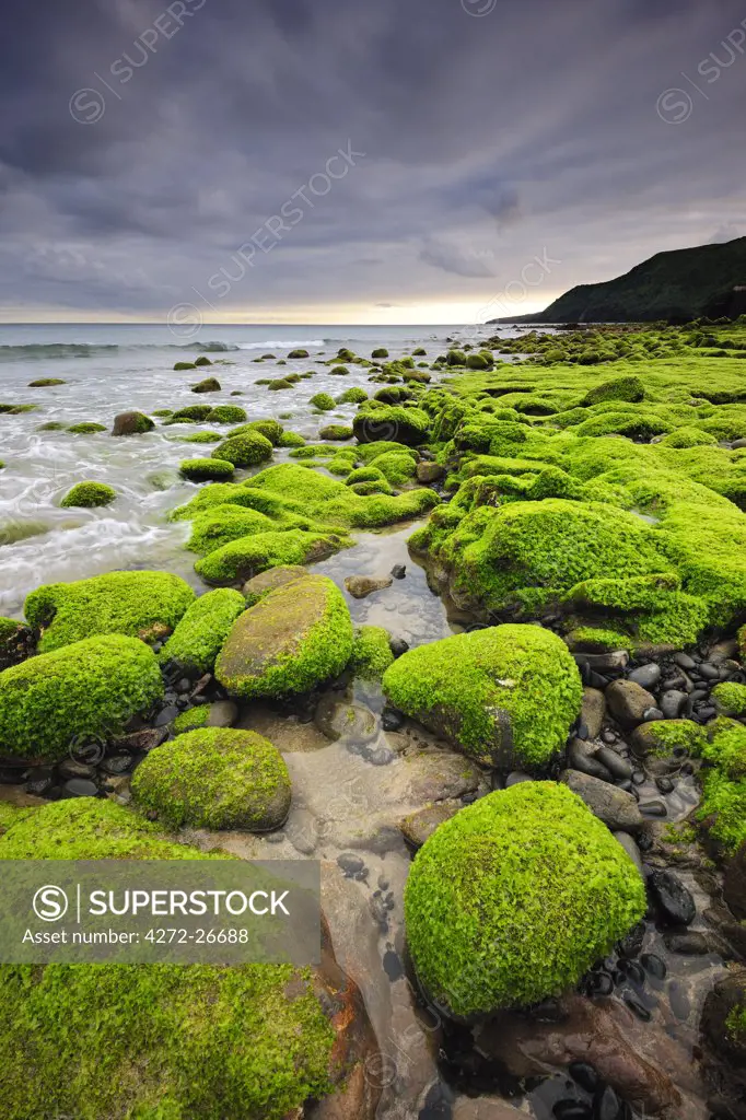 Seaside with lava rocks at Praia Formosa. Santa Maria, Azores islands, Portugal