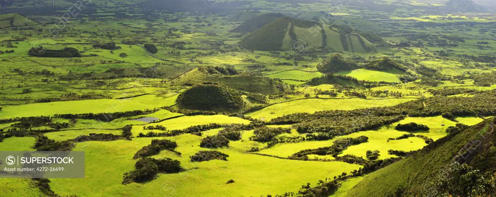 Volcanic landscape with pastures between craters. Pico, Azores islands, Portugal
