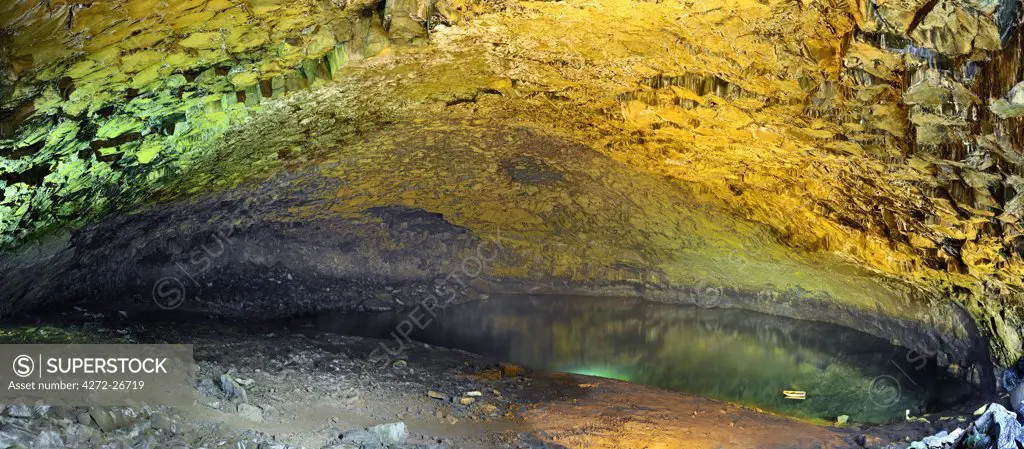 Furna do Enxofre (Sulphur Cave) is a lava cave, with a maximum length of 194 meters and about 40 meters high in the central part. Graciosa, Azores islands, Portugal