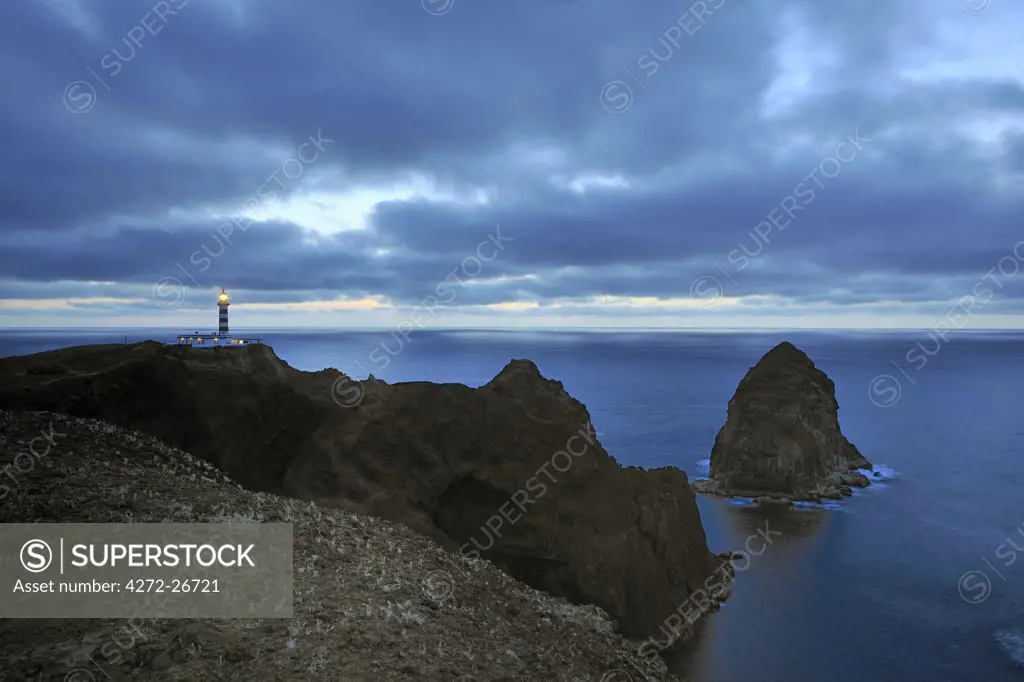 Ponta da Barca lighthouse, in the middle of the Atlantic Ocean. Graciosa, Azores islands, Portugal