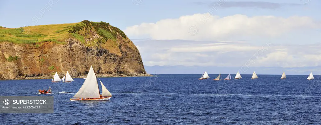 Whaling boats regattas in the sea channel between Faial and Pico islands. Faial, Azores islands, Portugal