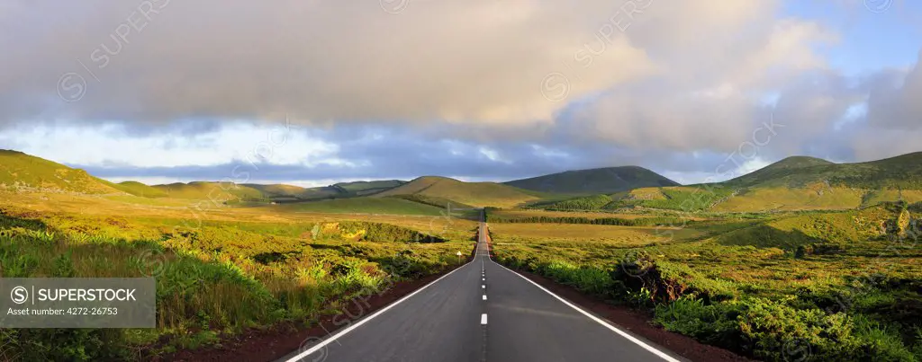 An empty and solitary road . Flores, Azores islands, Portugal