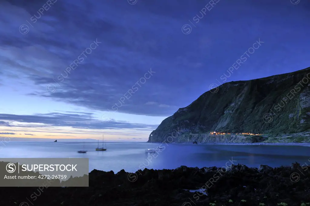 The little village of Faja Grande at night. The westernmost location in Europe. Flores, Azores islands, Portugal