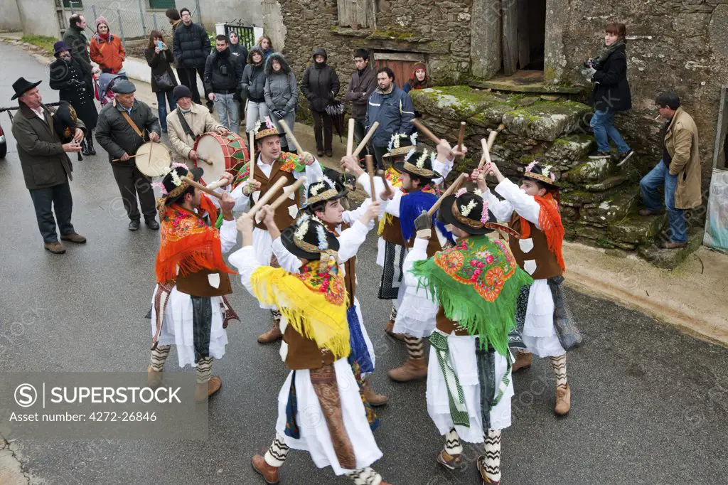 One of the many popular groups (Pauliteiros de Miranda) that practice an ancient warrior Iberian dance. Traditional Winter festivities in Constantim. Tras os Montes, Portugal