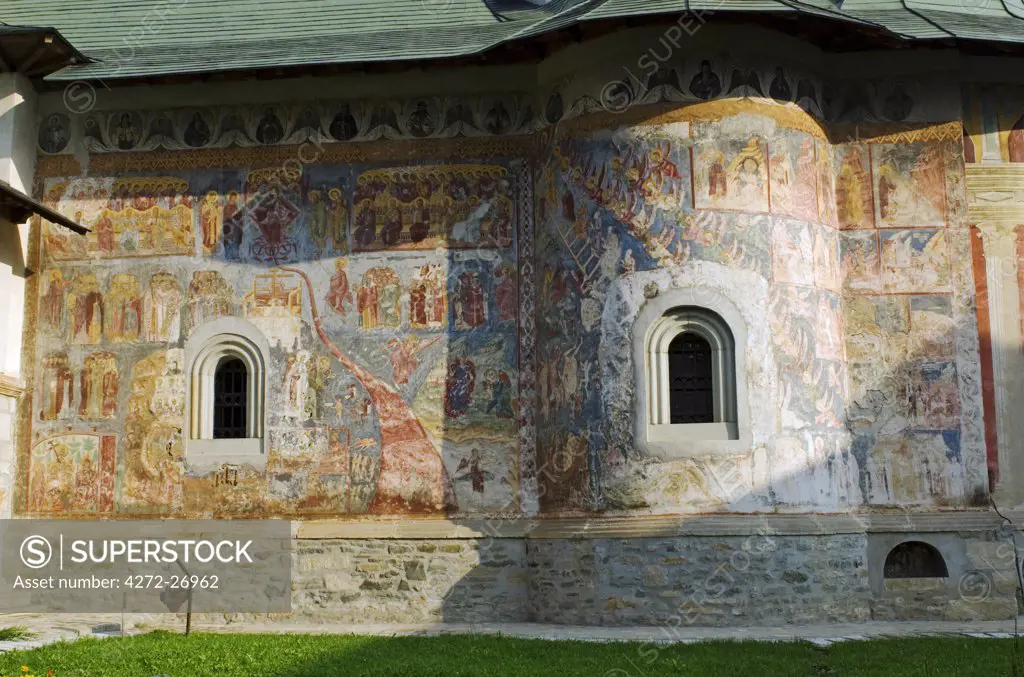 Romania, Moldova, Moldovita. A wall of the church inside the Moldovita monastery.
