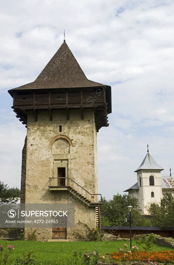 Romania, Moldova, Gura Humorului. The Tower in the grounds of the Humor Monastery.
