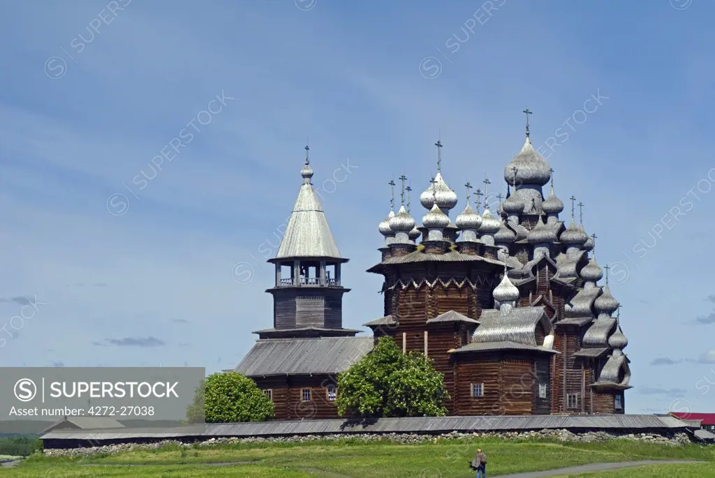 Russia, Karelia, Lake Onega, Kizhi Island. The Church of the Transfiguration and the Church of Prophet of Mother of God.