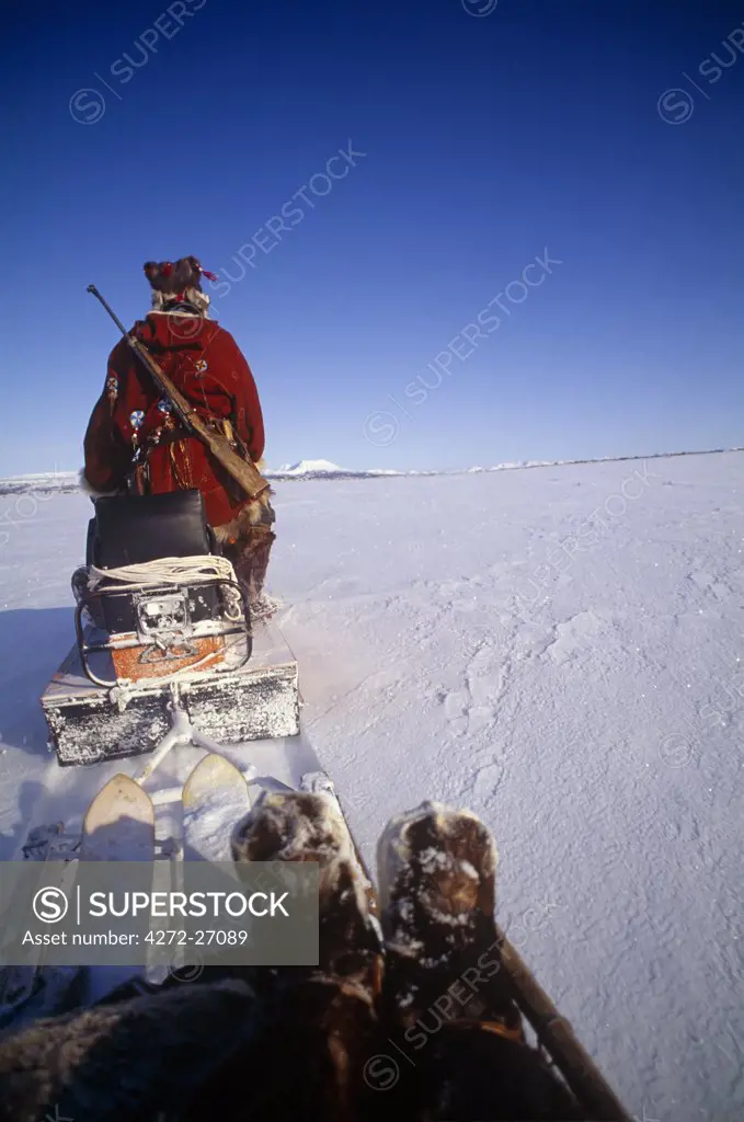 Russia, Kamchakta. Crossing the winter tundra on a snowmobile, Palana, Kamchatka, Russian Far East