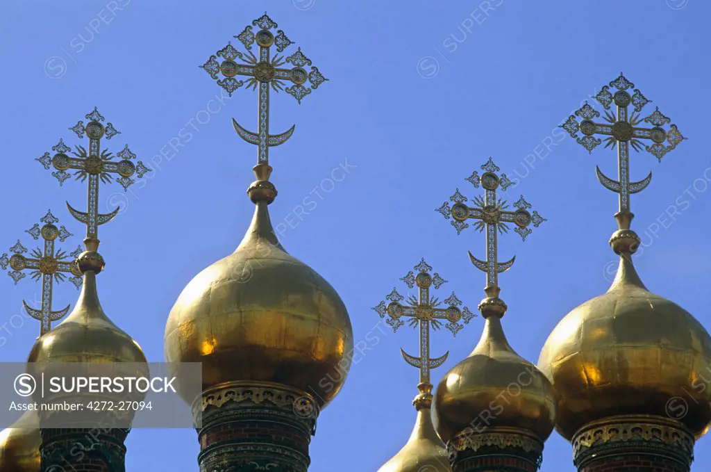 Russia, Moscow. Golden spires of the Terem Palace at the Kremlin, Moscow, Russia