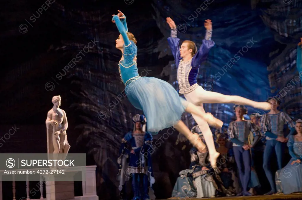 Russia; St.Petersburg; Dancers doing a jump during a performance of Tchaikovsky's 'Swan Lake'
