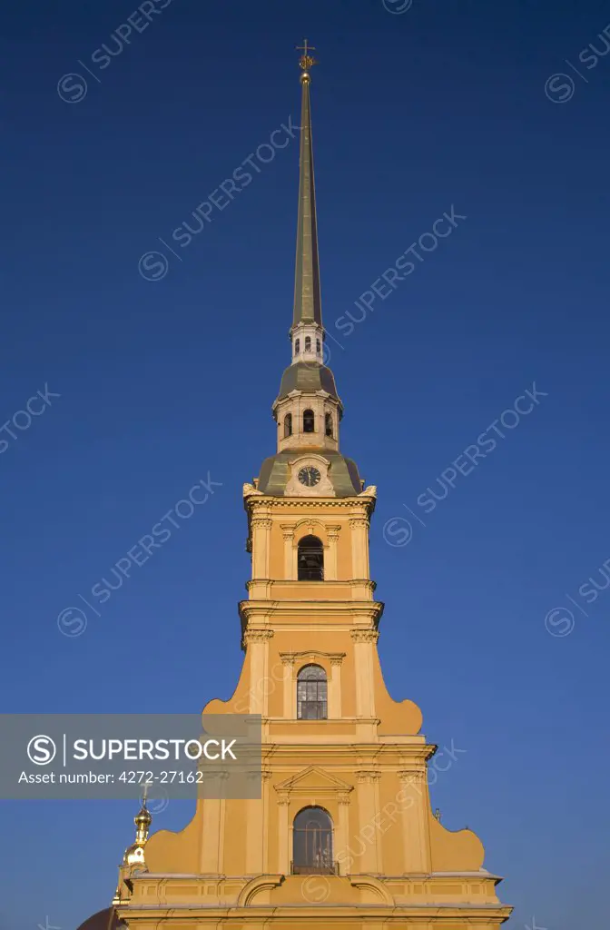 Russia, St.Petersburg; The pointed, golden bell tower on top of the St.Peter and St.Paul's church