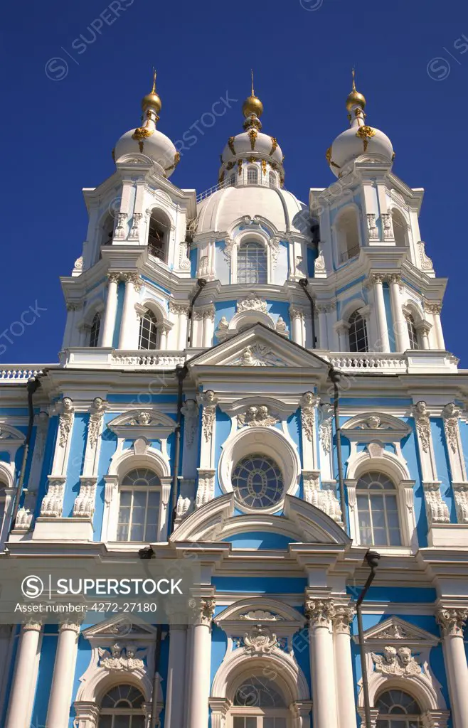 Russia, St.Petersburg; Smolny Cathedral with its bright blue and white colours