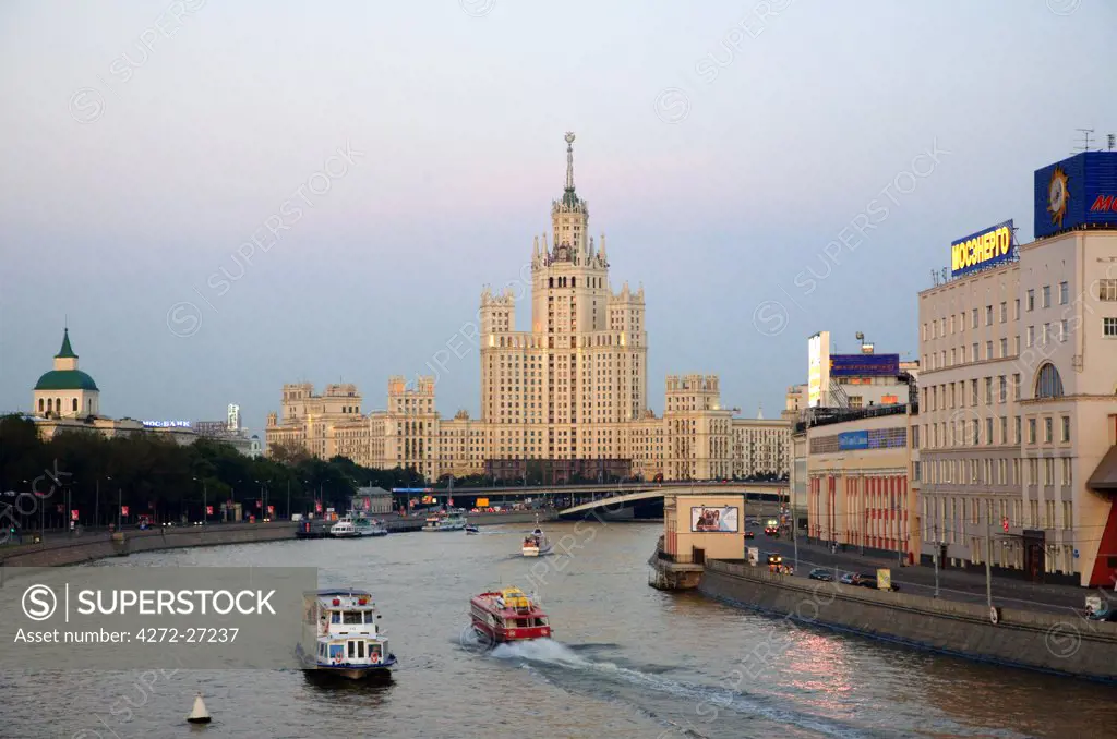 Russia, Moscow; In the centre one of the seven sisters built by Stalin during the Soviet era functioning as Hotel Ukraina just across the Moskva River