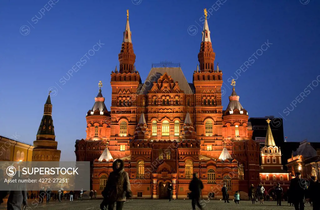Russia, Moscow; The State History Museum facade onlooking Red Square.