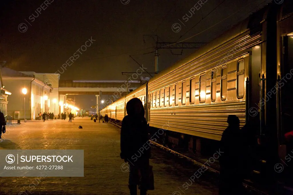 Russia, Siberia, Ulan-Ude; One of the major stops in east Russia. Trans-Siberian rail at night
