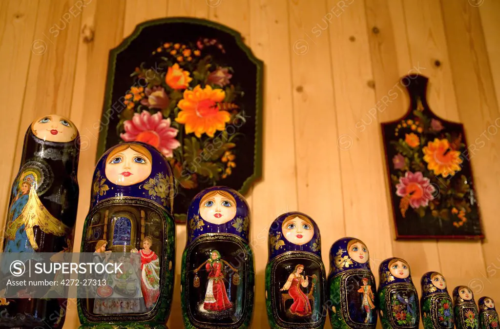 Russia, Leningrad Region, Podporozhsky. In Mandrogi, a crafts village on the Svir river. Matryshka Dolls.