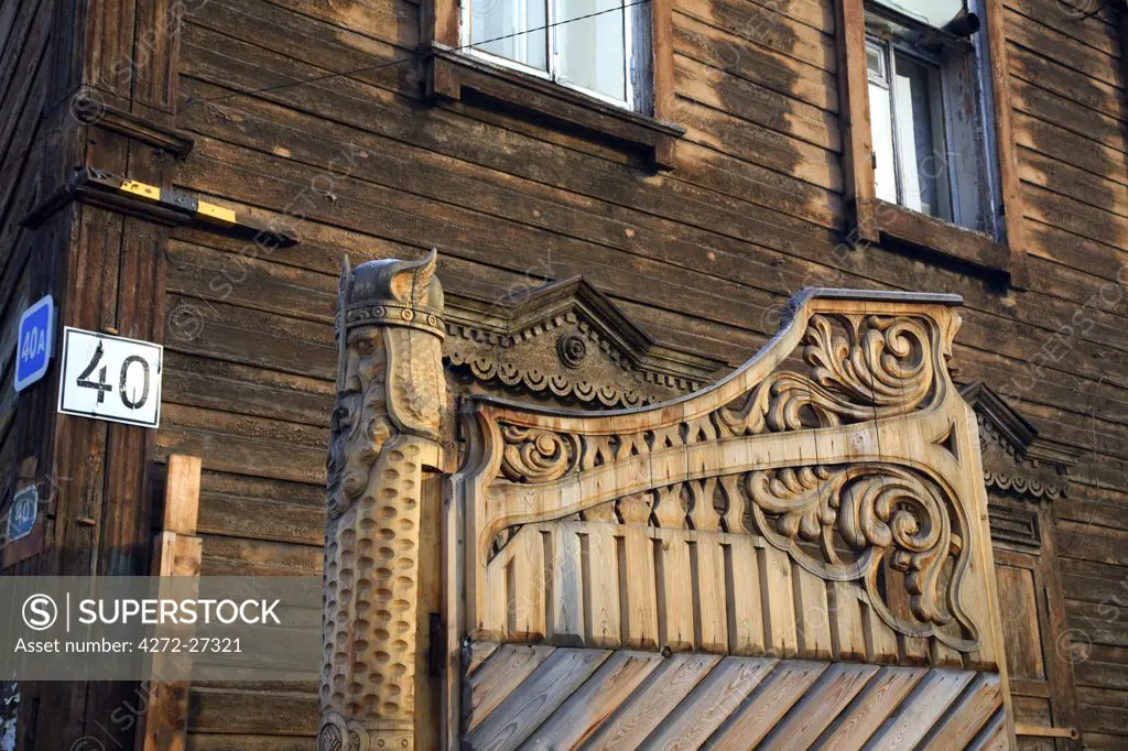 Russia; Siberia; Irkutsk; A detail from a wooden house in the centre of the city.