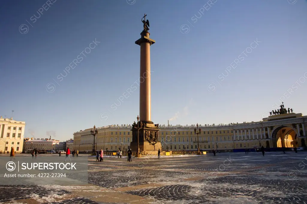 Russia, St. Petersburg; Palace Square in Winter with Alexander column in the middle