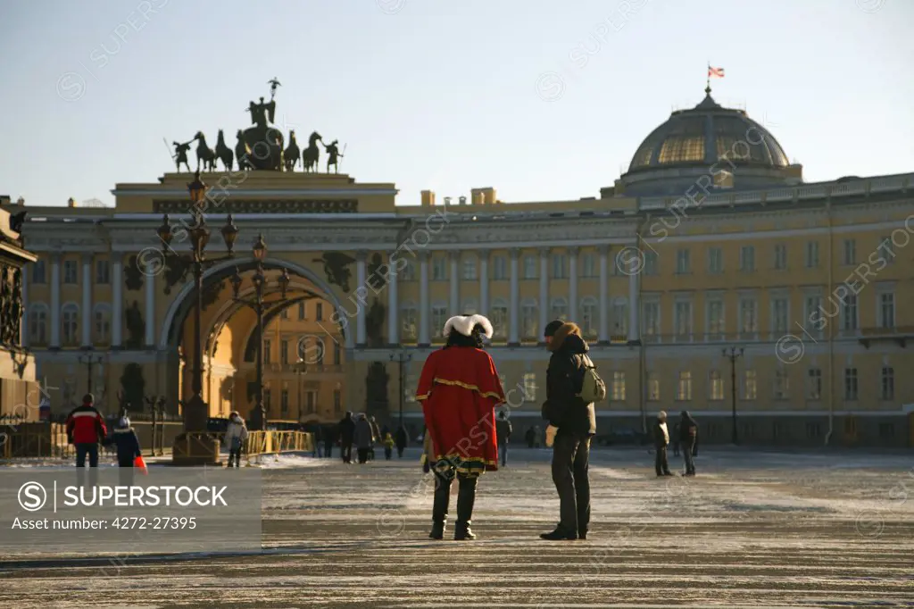 Russia, St. Petersburg; Palace Square in Winter with an impersonator of Tsar Peter the Great