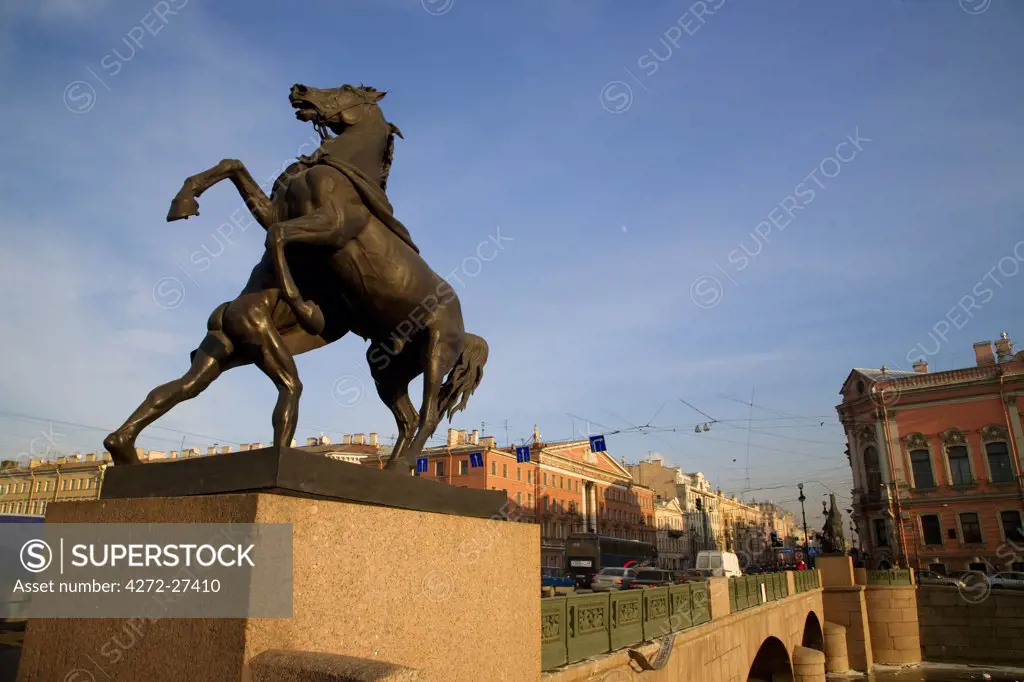 Russia, St. Petersburg; One of the four horse sculptures on the Anitchikov Most on Nevski Prospekt