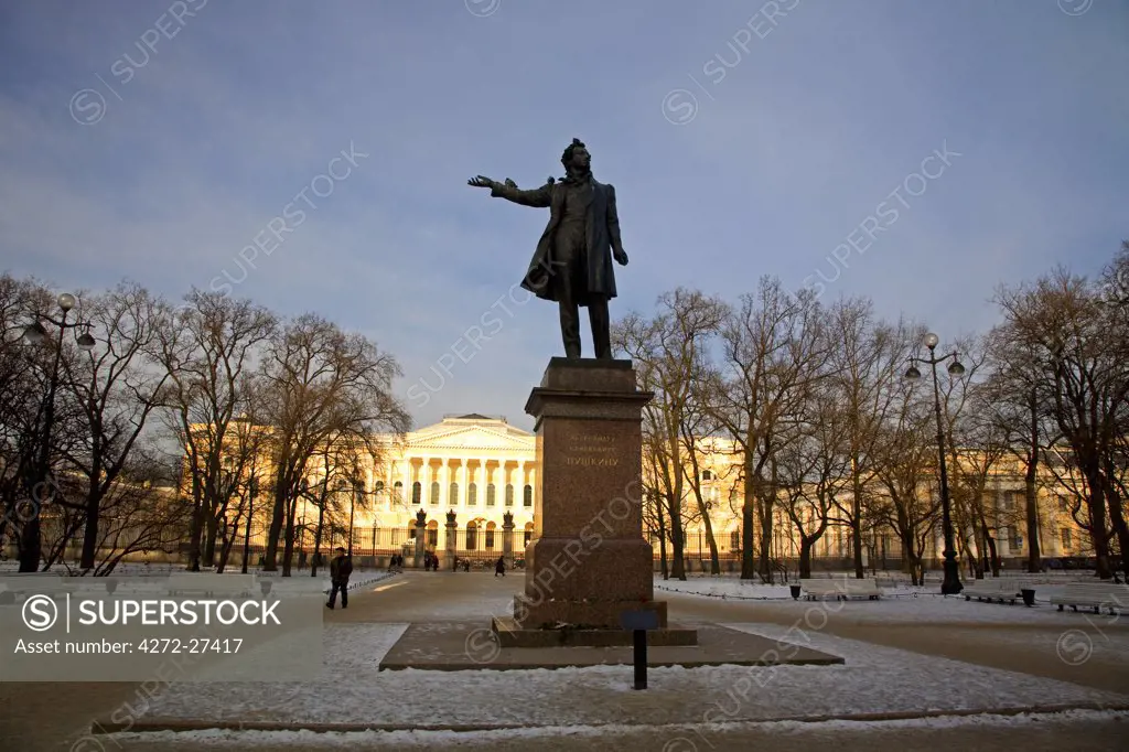 Russia, St. Petersburg; A sculpture of Russian Poet Alexander Pushkin, standing on Pushkinskaya Street.