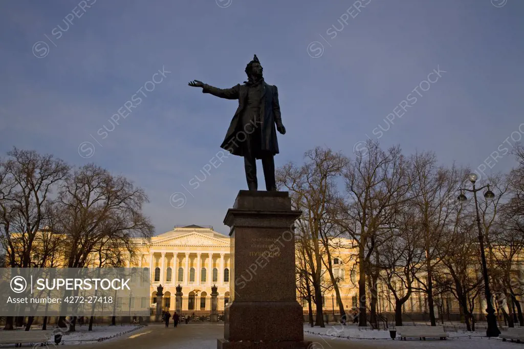 Russia, St. Petersburg; A sculpture of Russian Poet Alexander Pushkin, standing on Pushkinskaya Street.