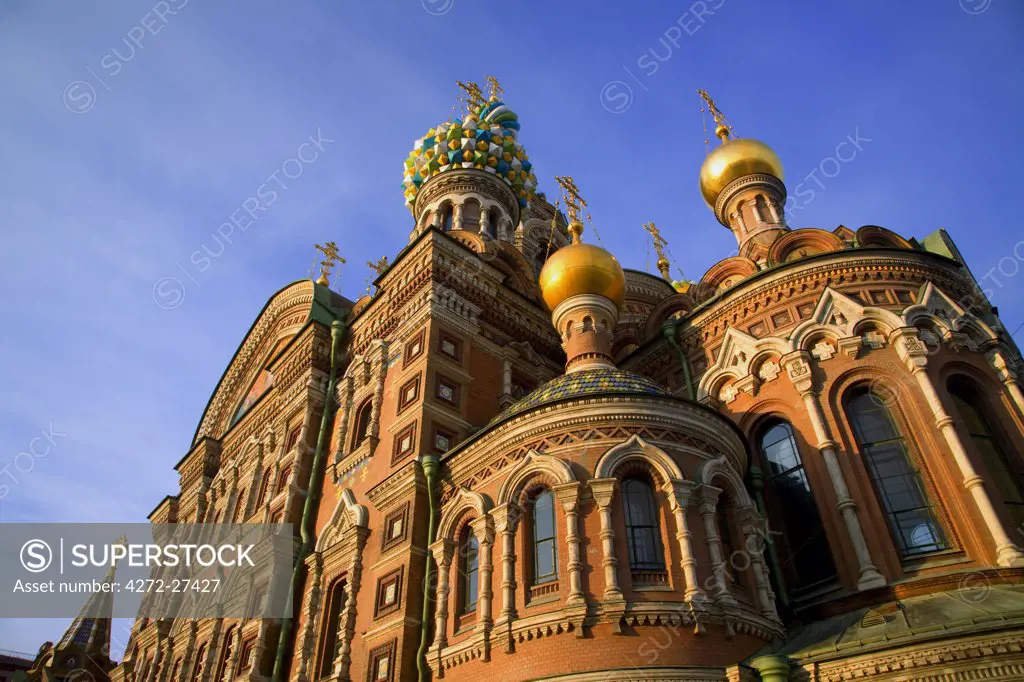 Russia, St. Petersburg; A detail of the restored Church of Christ the Saviour, also known as Church on Spilled Blood
