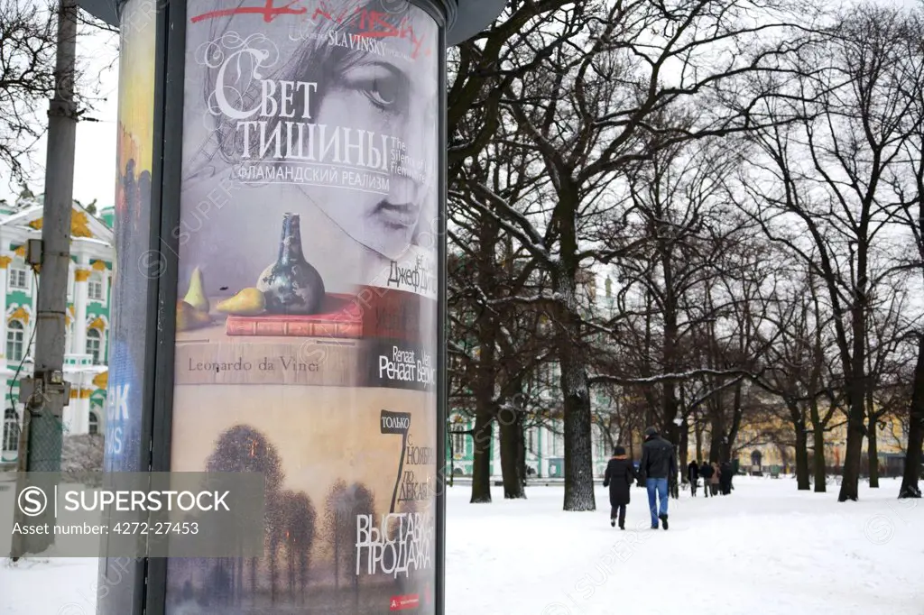 Russia, St. Petersburg; Adverts of Art Exibitions in Winter beside the Hermitage Museum