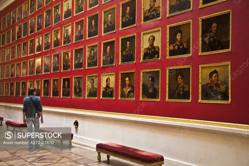 Russia, St Petersburg, Hermitage Museum.  The Gallery of the Patriotic War of 1812, built in 1826 by Carlo Rossi.  The walls are lined with 329 portraits of the Russian generals who took part in campaigns against Napoleon, 1812-1814.