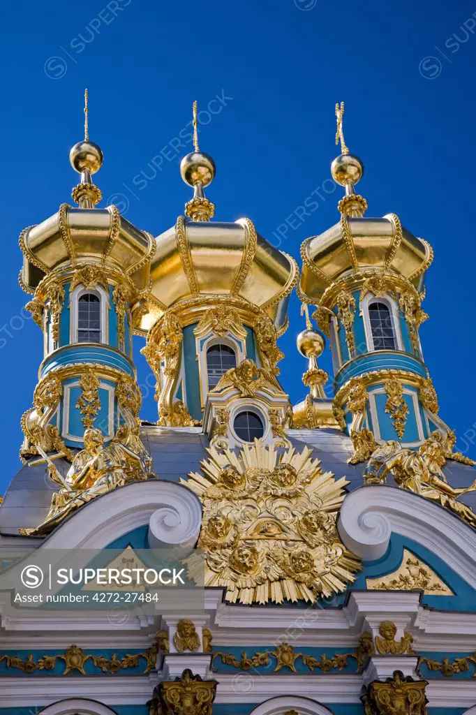 Russia, St Petersburg, Catherine Palace, Tsarskoe Selo. The lavish imperial palace at Tsarskoe Selo was designed by Rastrelli in1752 for Tsarina Elizabeth. She named it the Catherine Palace in honour of her mother.