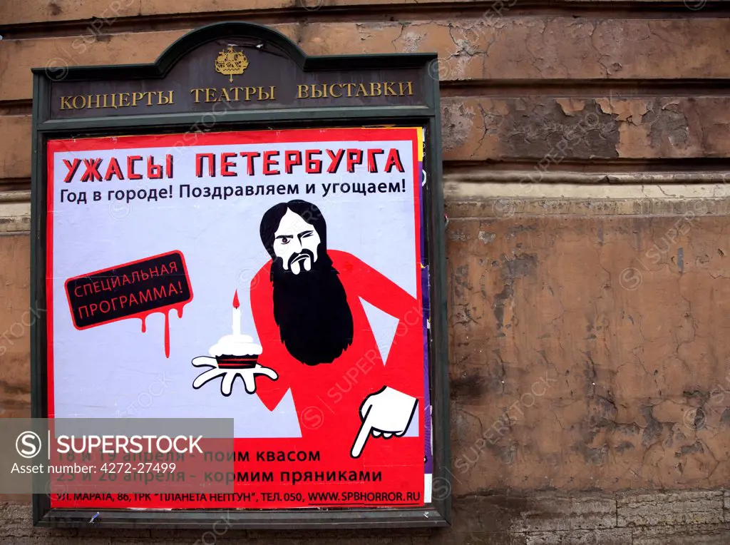 Russia, St.Petersburg; A poster displaying a show with an illustration of a Jew