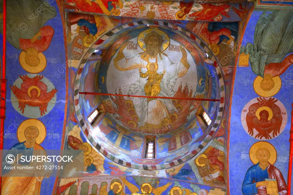 Russia, Golden Ring, Goritsy; A mural done according to tradition in tempera on the church walls of the Ipatiev Monastery
