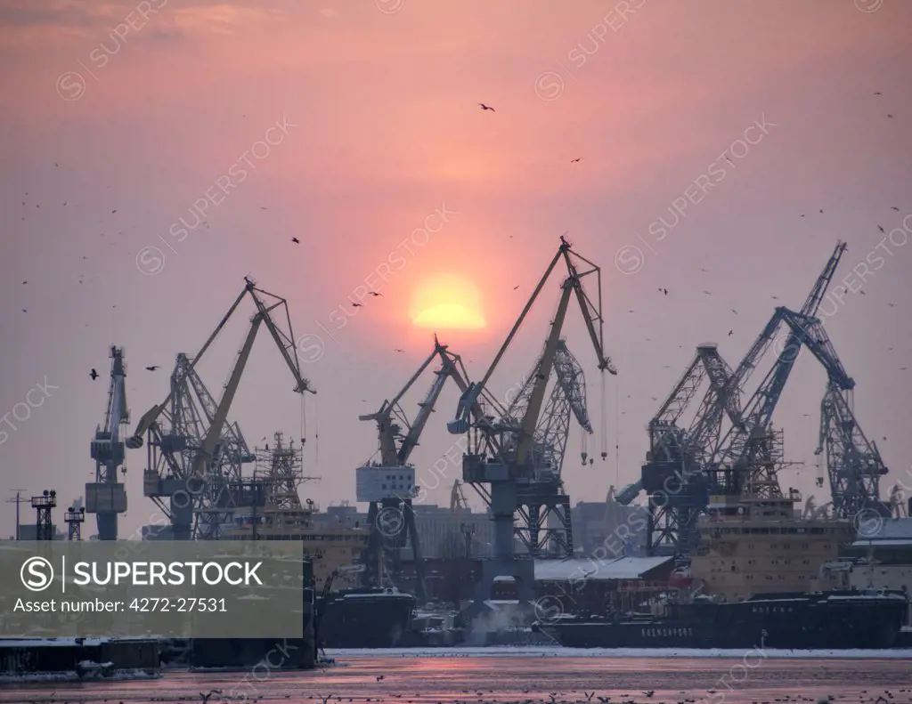 Port on the Neva River, Saint Petersburg, Russia